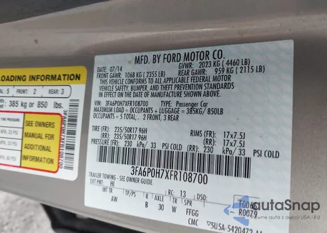 2015 Ford Fusion Se z USA, uszkodzony, nr VIN 3FA6P0H7XFR108700